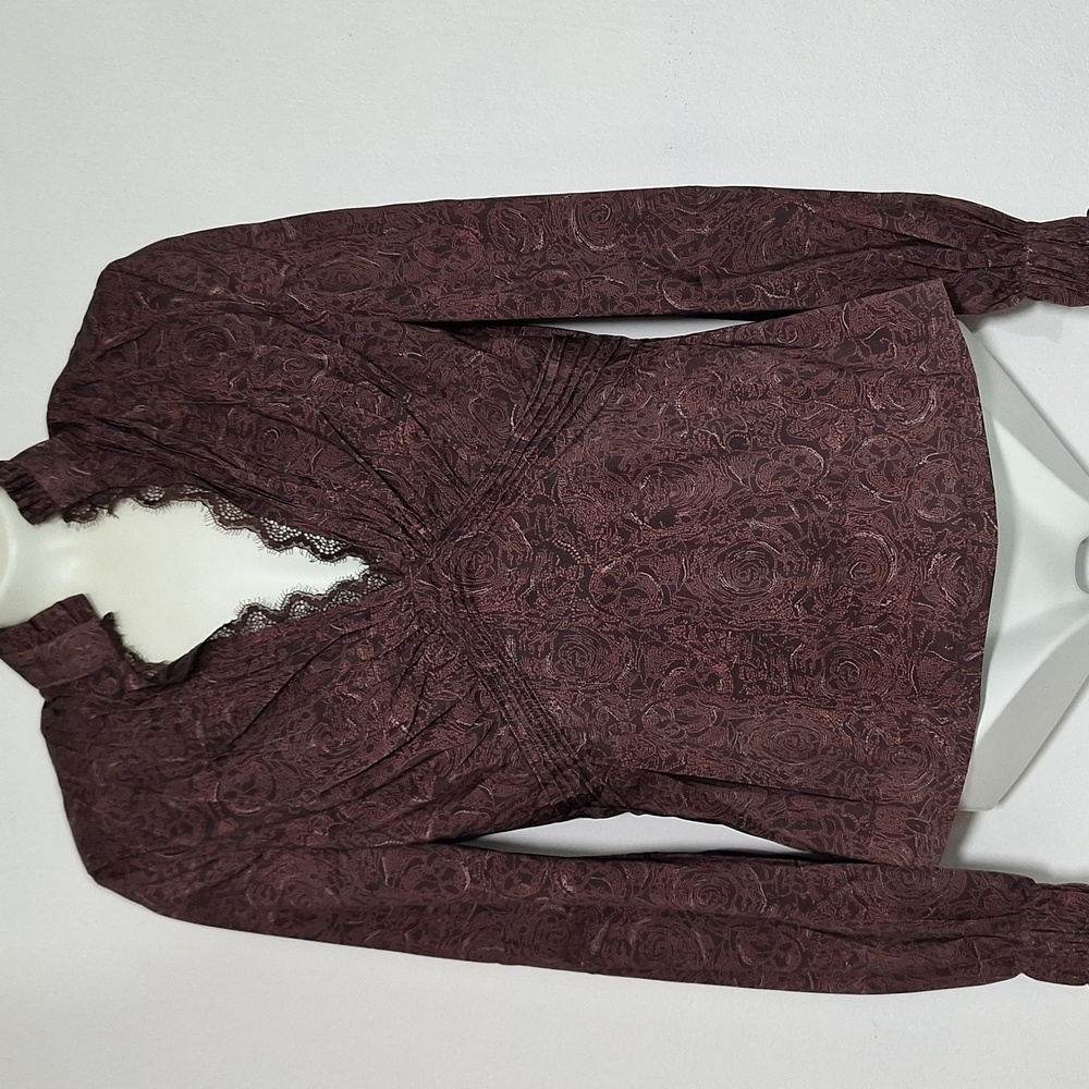 OYROSY Women's Brown Blouse Long Sleeve V Neck - Picture 2 of 14